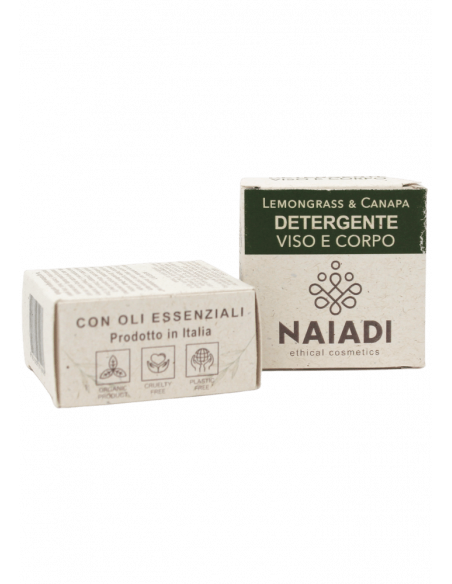 Detergente solido viso e corpo al Lemongrass e canapa.
Brand Naiadi.