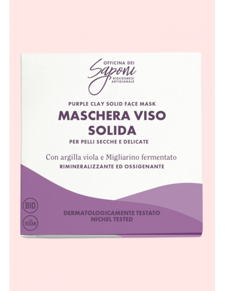 Officina dei Saponi Maschera Viso Solida Argilla Viola Rimineralizzante e Ossigenante Pelli Normali e Sensibili.
